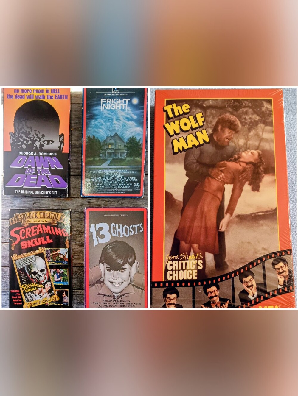 Vintage Horror VHS 6-Tape Lot: Dawn of the Dead, Fright Night, The Wolf Man, Etc